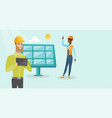 multiethnic engineers working at solar power plant vector image