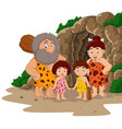 cartoon caveman family with cave background vector image