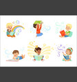 cute little kids reading fairy tales set vector image