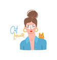 cute girl in a shirt with messy bun hair and cat vector image vector image