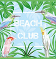 slogan beach club birds and leaves blue background vector image
