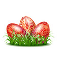 easter background with three red eggs in grass vector image