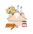 composition picnic basket with flowers vector image