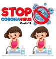 stop coronavirus banner with a girl washing hands vector image
