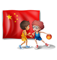 two boys playing basketball in front of the flag vector image