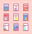 people in window frames inside red brick wall vector image