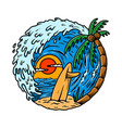 palm with wave and surfing deck vector image