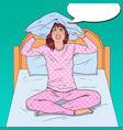 pop art frustrated woman closing ears with pillow vector image