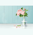 realistic pink rose flower leaves bouquet vector image vector image