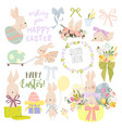 easter set with cute white bunnies eggs vector image vector image