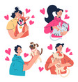 people man woman owners hugging their dog cat pets vector image vector image