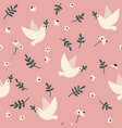 seamless pattern with doves flowers and leaves vector image vector image