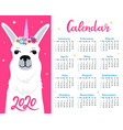 cute llama unicorn calendar for 2020 week start vector image vector image