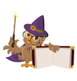 owl bird in halloween costume holding open book vector image