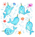 cute cartoon kawaii narwhals with rainbow horn vector image