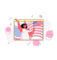 woman in festive hat holding usa flag celebrating vector image vector image