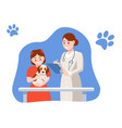 young happy girl hugs pet on reception at vet vector image