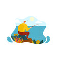 man sitting on stone fishing sea lake flat design vector image vector image