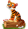 Cartoon tiger sitting on tree stump Royalty Free Vector