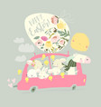 cute cartoon rabbits drivig by car with horse vector image