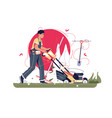 male gardener mows grass with lawn mower vector image