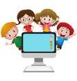 Four happy children behind computer screen Vector Image