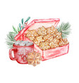 watercolor christmas with cocoa and cookies vector image