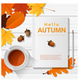 hello autumn with blank notebook on wooden board vector image