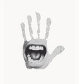 black-white banner with open mouth on a human palm vector image vector image