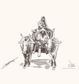 asian farmer family riding ox cart sketch hand vector image