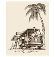 surf van on the beach under palm tree vector image vector image
