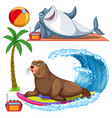set of sea creatures cartoon character in summer vector image