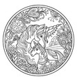 unicorn and foal in flowers round coloring vector image