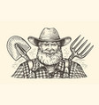 hand drawn happy bearded farmer in hat vector image vector image