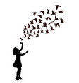 silhouette a girl with birds flying vector image