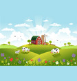 Cute cow cartoon with landscape background Vector Image