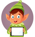 funny christmas elf character holding a pc tablet vector image vector image