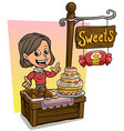cartoon girl character and wooden candy shop vector image