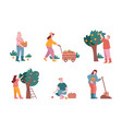 man and woman characters harvest fruits in farm vector image