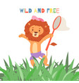 funny cartoon lion and wild and free inscription vector image vector image