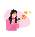 happy woman with smartphone in hand checking her vector image