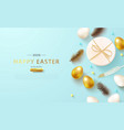 easter eggsgift box and feathers on blue vector image