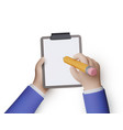 businessman hands hold a pencil and write down vector image
