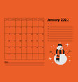horizontal planner 2022 january calendar page vector image vector image