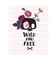 pretty bird sitting on cartoon human skull bunch vector image