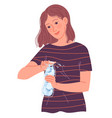 girl opens a bottle water to drink in heat vector image