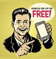 vintage man showing his smartphone vector image