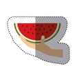 colorful sticker of hand holding watermelon fruit vector image