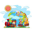 happy kids and animals on train toy with earth vector image vector image
