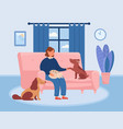 happy cartoon woman relaxing on couch with pets vector image vector image